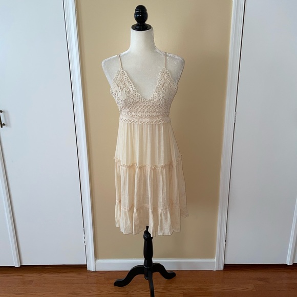 Beige Crochet Top Backless Mini Beach Coverup Dress - Picture 2 of 11
